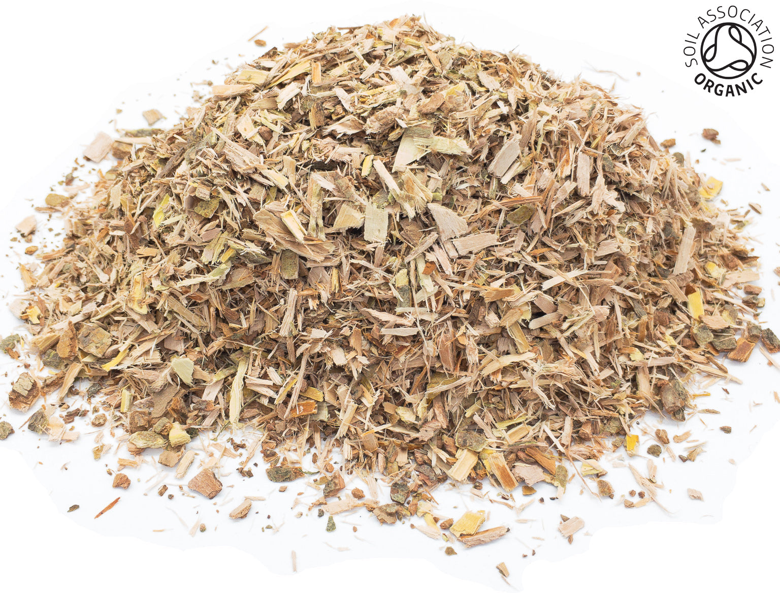 A small pile of dried, cut, organic white willow bark on a white background with the Soil Association Organic Logo in the top right corner