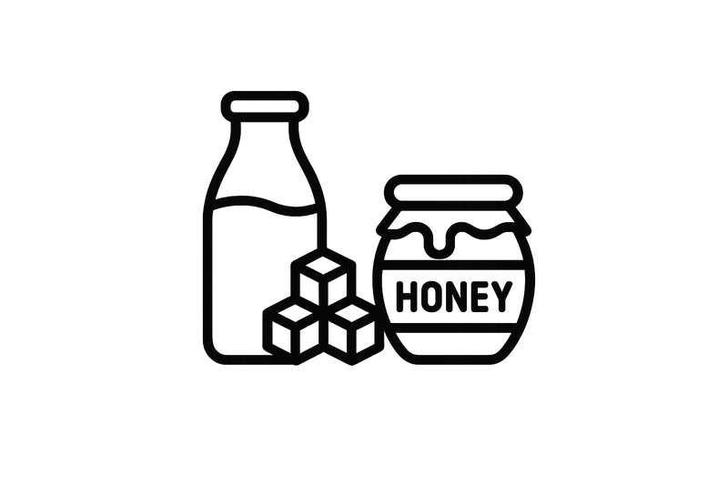 A small logo of a milk bottle, sugar and honey black and whit