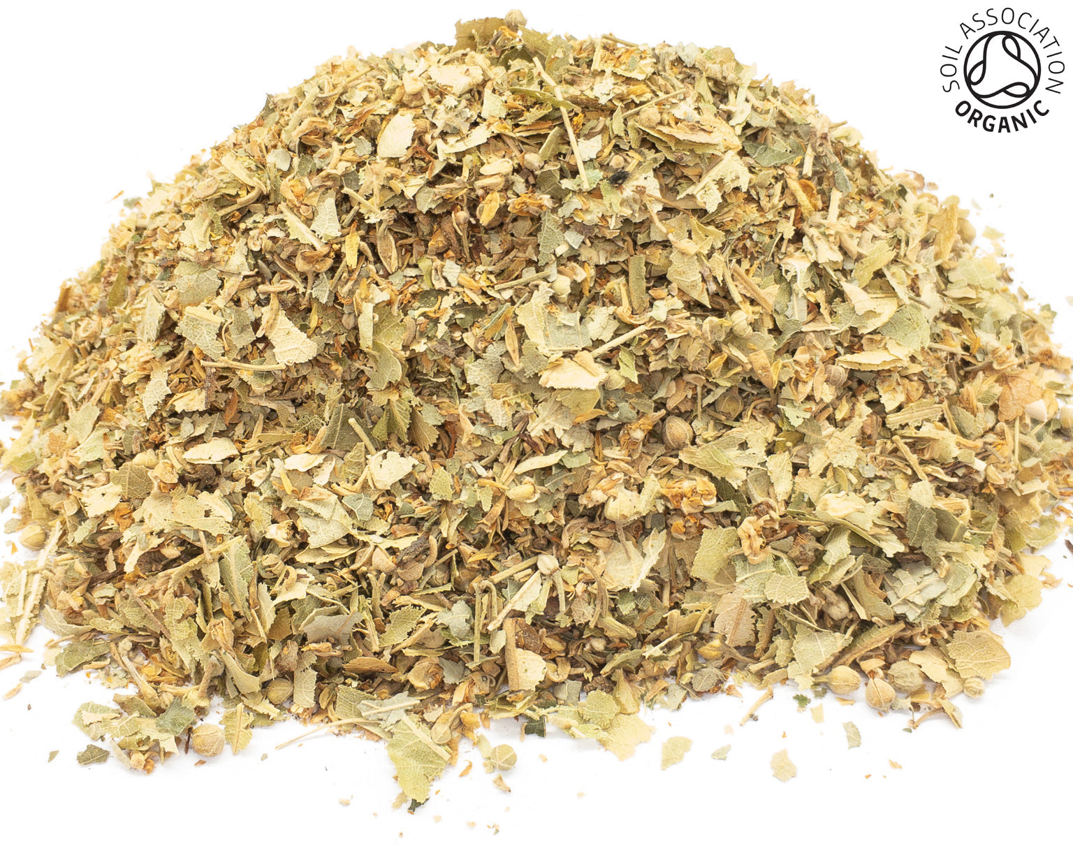 A small pile of dried, cut, organic linden (lime) flower herb, leaf, stem and flower, on a white background with the Soil Association Organic Logo in the top right corner