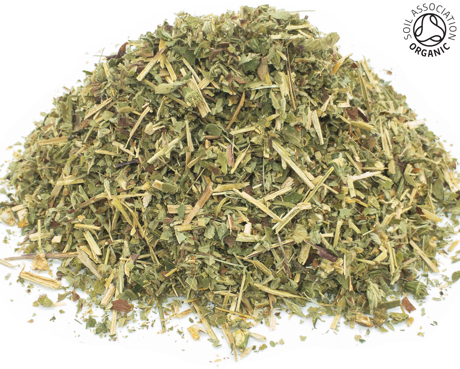 A small pile of dried, cut, organic agrimony herb, leaf and stem, on a white background with the Soil Association Organic Logo in the top right corner