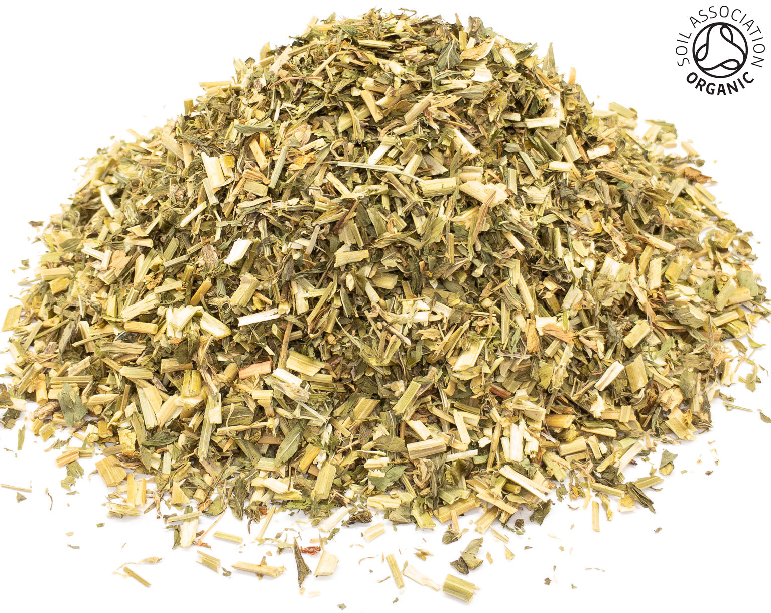 A small pile of dried, cut, organic alfalfa herb, leaf and stem, on a white background with the Soil Association Organic Logo in the top right corner