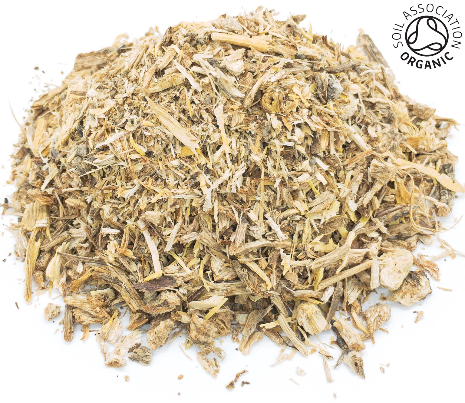 A small pile of dried, cut, organic angelica root on a white background with the Soil Association Organic Logo in the top right corner