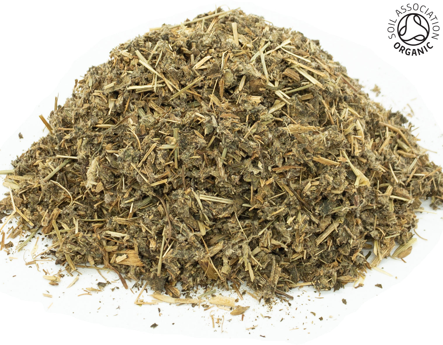 A small pile of dried, cut, organic artichoke leaf and stem on a white background with the Soil Association Organic Logo in the top right corner