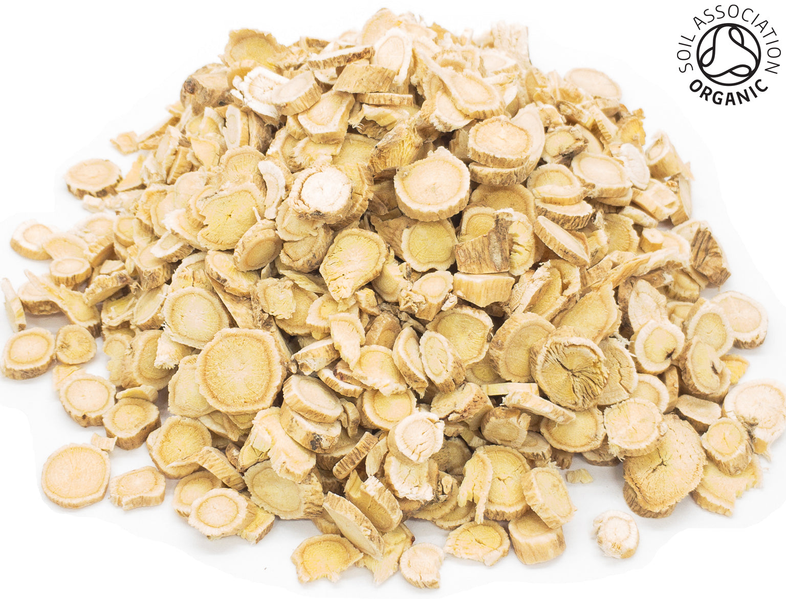 A small pile of dried, cut, organic astragalus root on a white background with the Soil Association Organic Logo in the top right corner