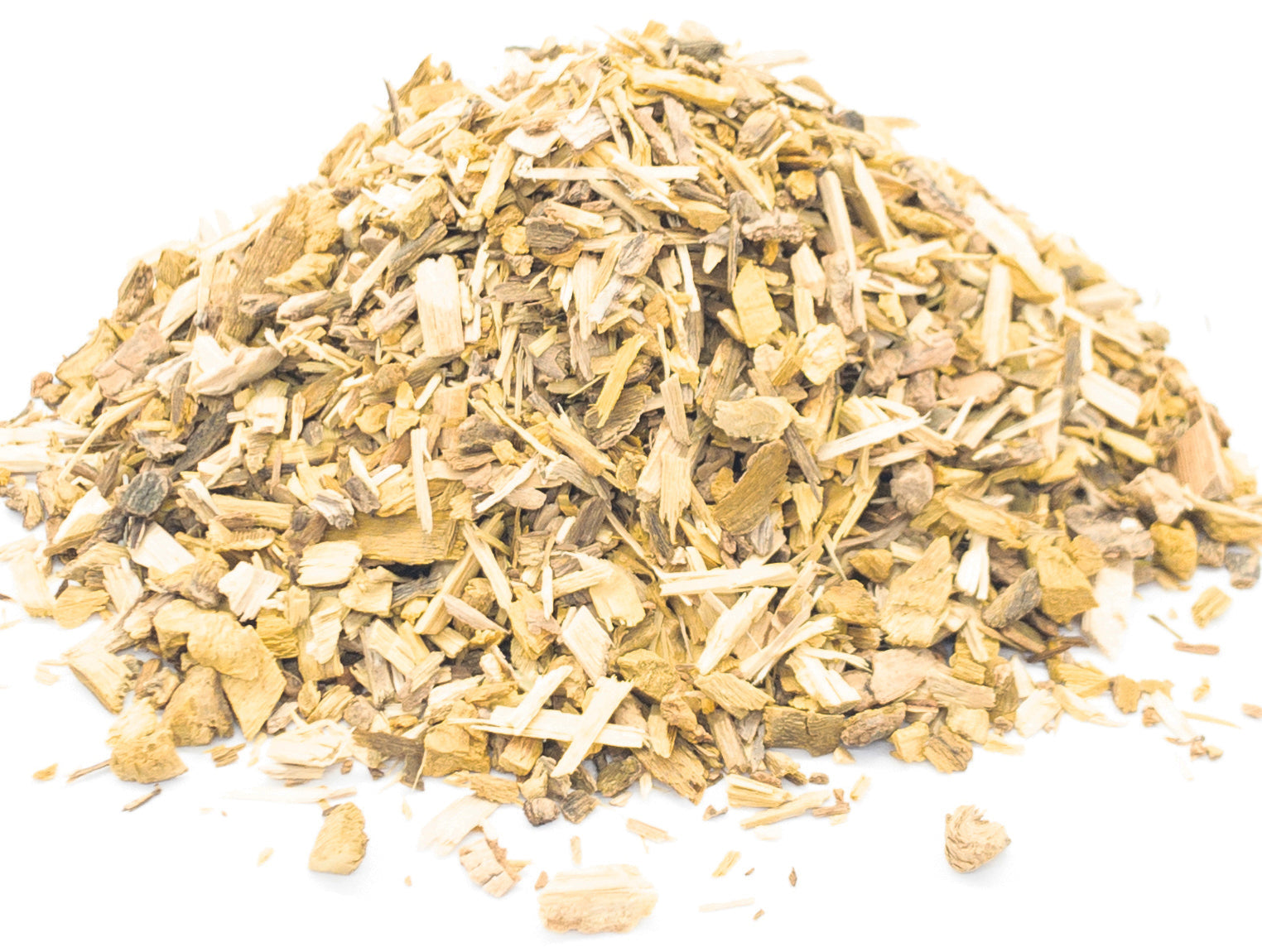 A small pile of dried, cut barberry bark on a white background