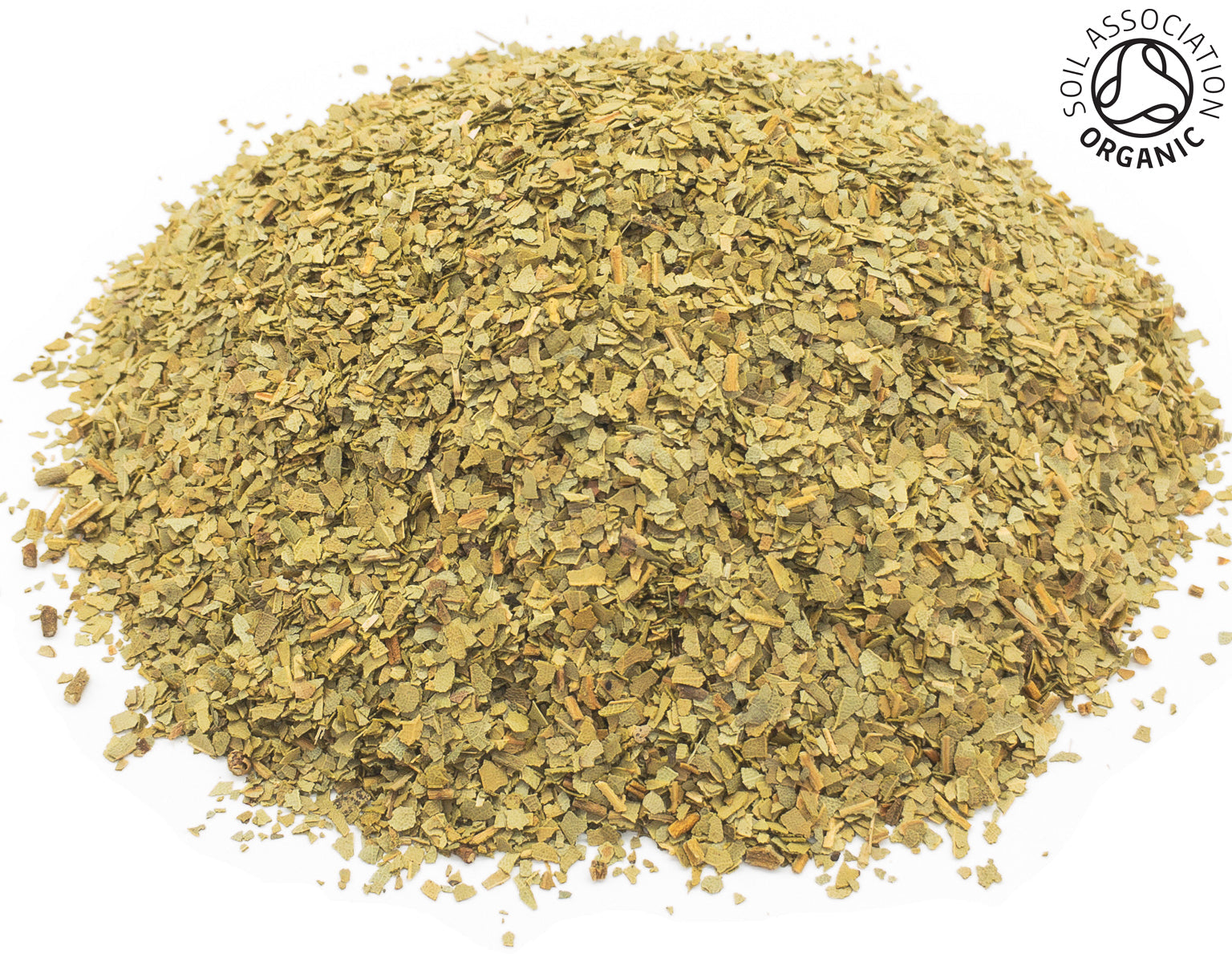 A small pile of dried, cut, organic bay leaves on a white background with the Soil Association Organic Logo in the top right corner