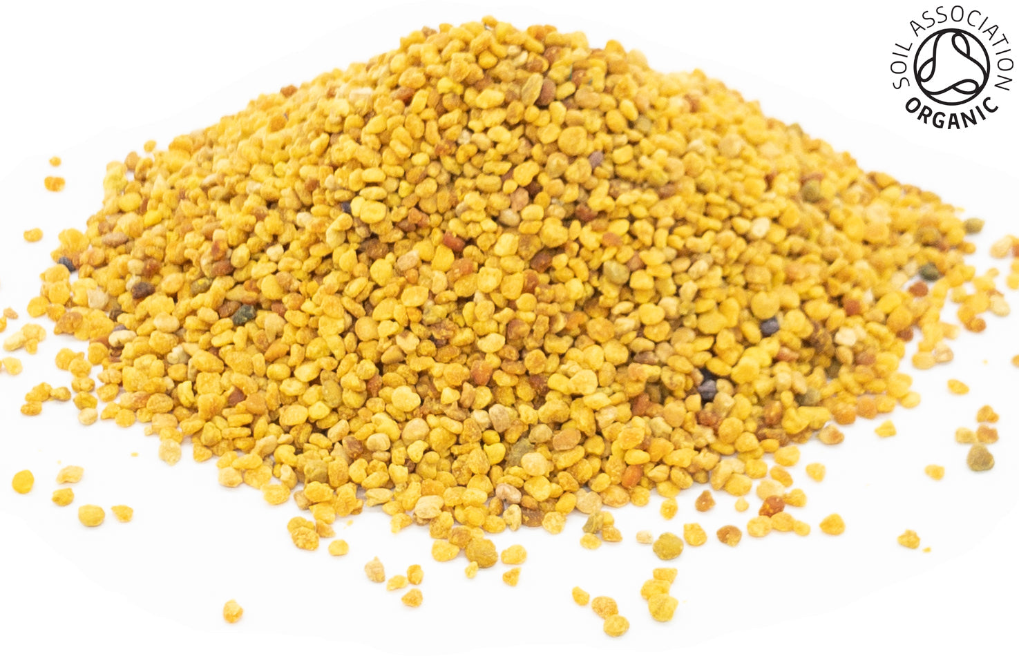 A small pile of organic bee pollen granules with Soil Association Organic logo on a white background