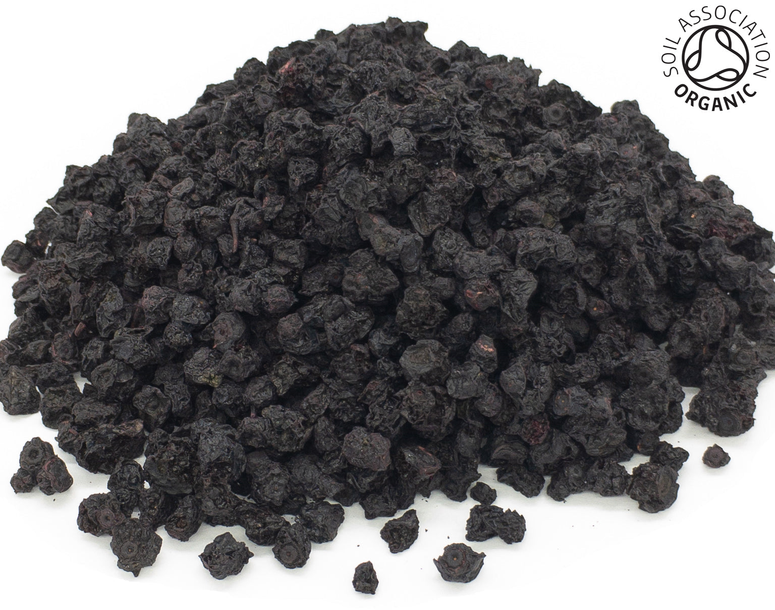 A small pile of dried, whole, organic bilberry fruit on a white background with the Soil Association Organic Logo in the top right corner