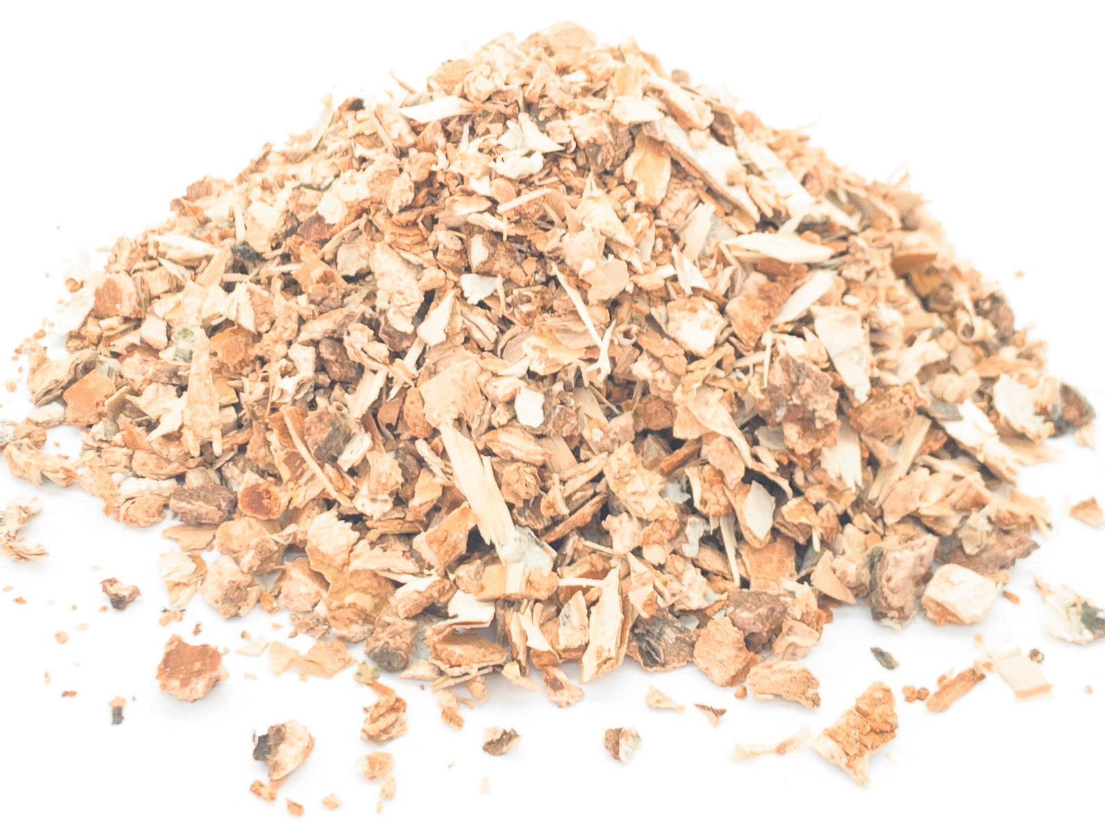 A small pile of dried, cut silver birch bark on a white background