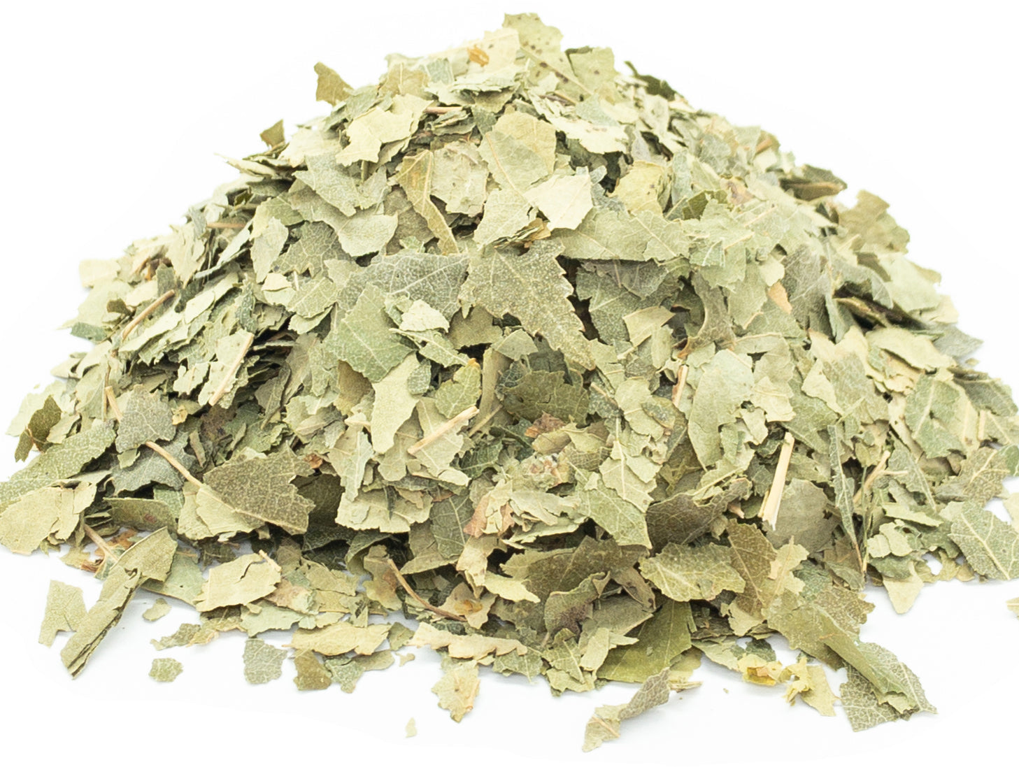 A small pile of dried, cut silver birch leaves on a white background
