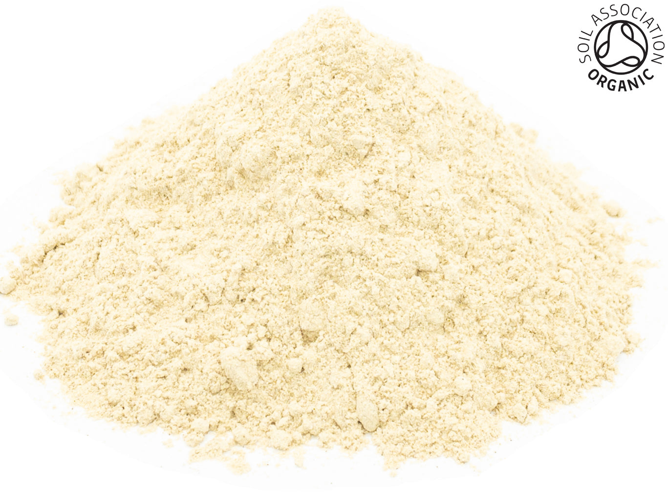 A pile of ground, organic black maca root powder on a white background, with the Soil Association organic logo in the top right hand corner