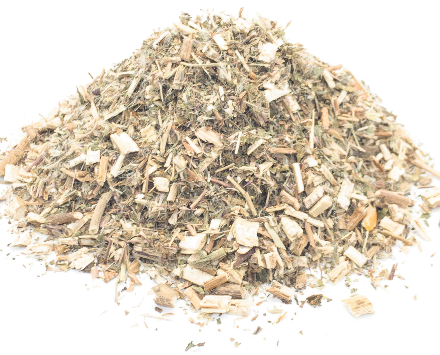 A small pile of dried, cut boneset herb, leaf and stem, on a white background