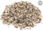 A small pile of dried, cut, organic burdock root on a white background with the Soil Association Organic Logo in the top right corner