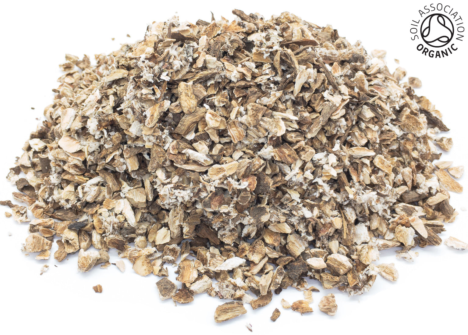 A small pile of dried, cut, organic burdock root on a white background with the Soil Association Organic Logo in the top right corner