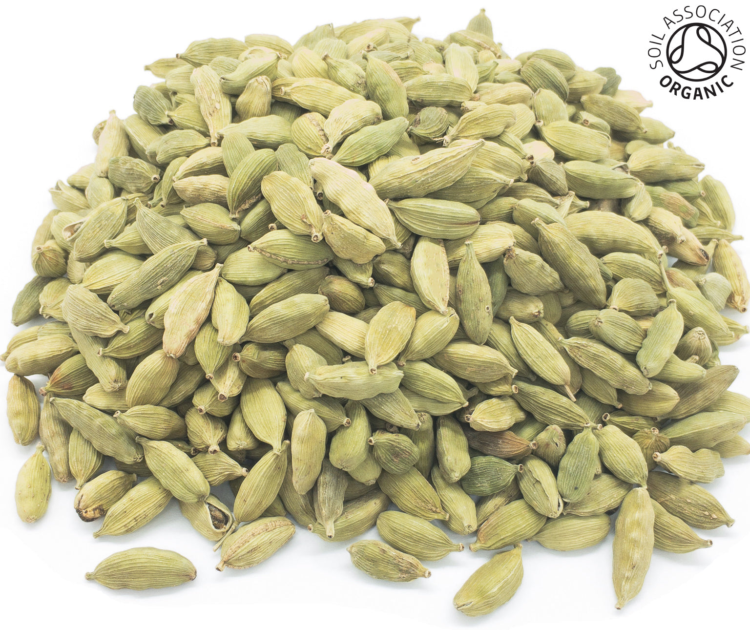 A small pile of dried, whole, organic green cardamom seed pods on a white background with the Soil Association Organic Logo in the top right corner