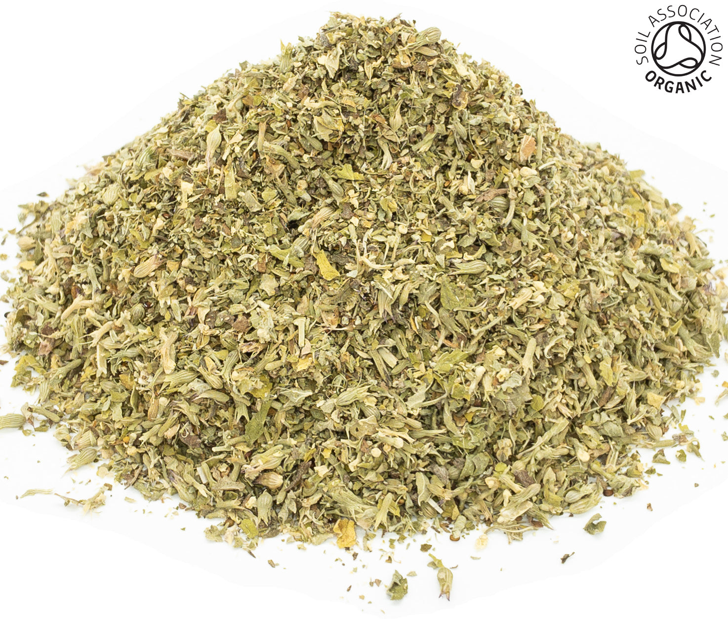 A small pile of cut, dried, organic catnip herb, flower, leaf and stem, on a white background with the Soil Association Organic Logo in the top right corner