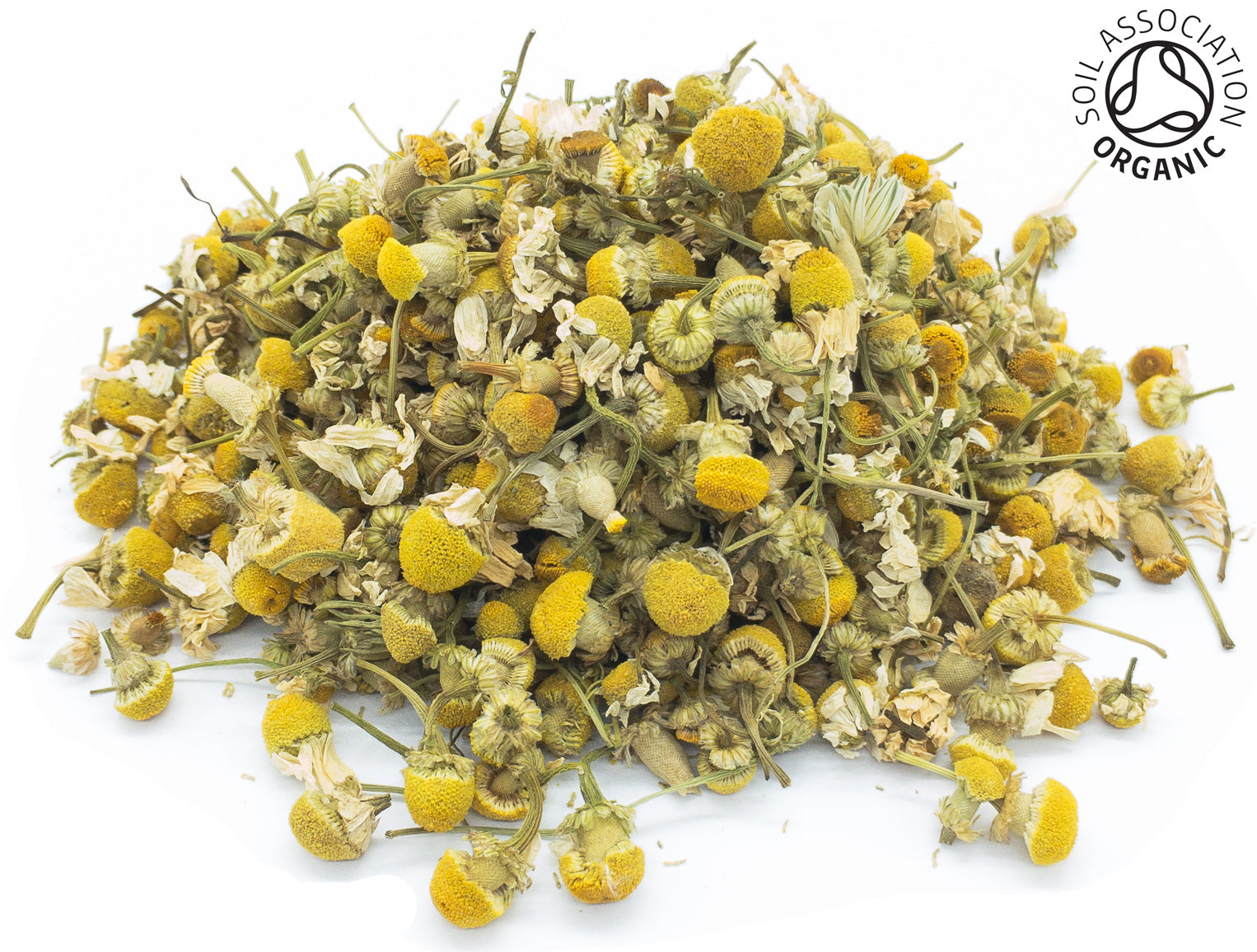 A small pile of dried, chamomile camomile flower buds on a white background with the Soil Association Organic Logo in the top right corner