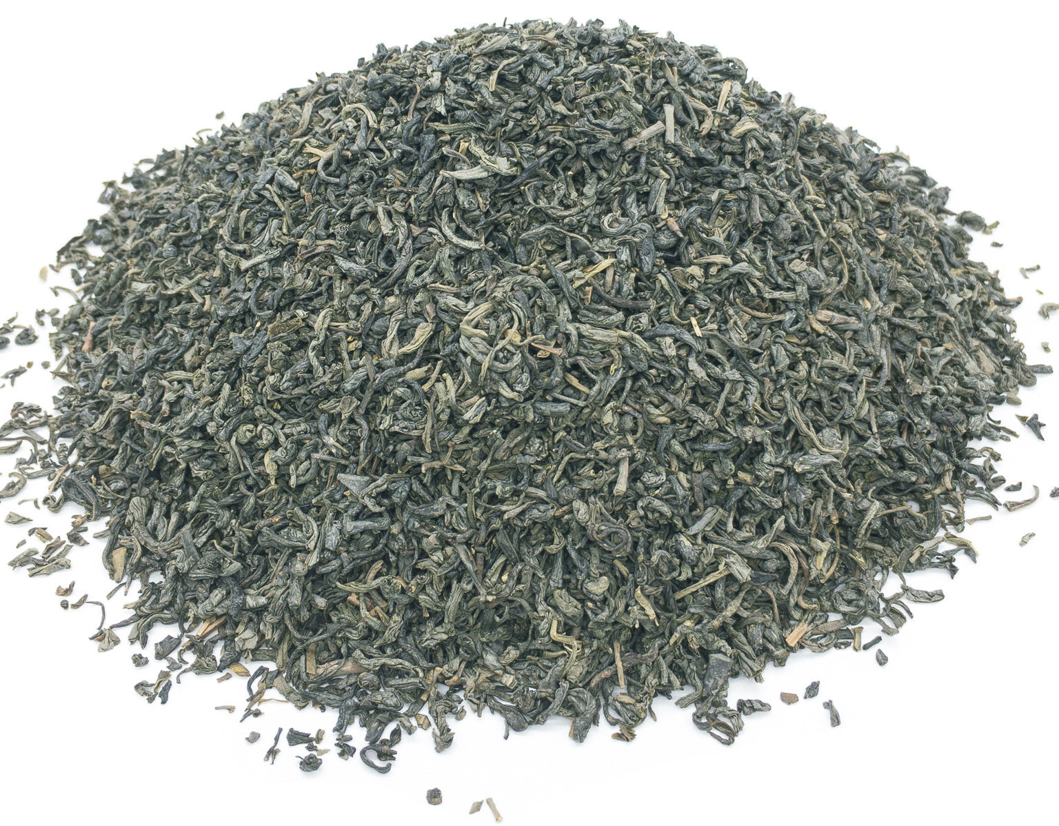 A small pile of dried chun mee green tea leaves on a white background