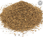 A small pile of dried, cut, organic cinnamon bark brown on a white background with the Soil Association Organic Logo in the top right corner