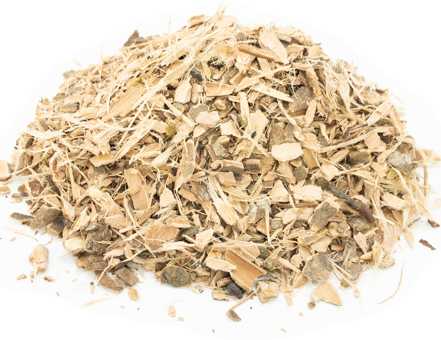 A small pile of dried, cut cramp bark with a white background