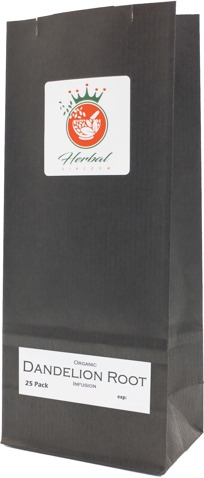 Herbal Kingdom Tea Bag Packaging for Organic Dandelion Root Pure Herb  tea bags. Black kraft paper with Herbal Kingdom logo sticker top middle and a white label at the bottom.