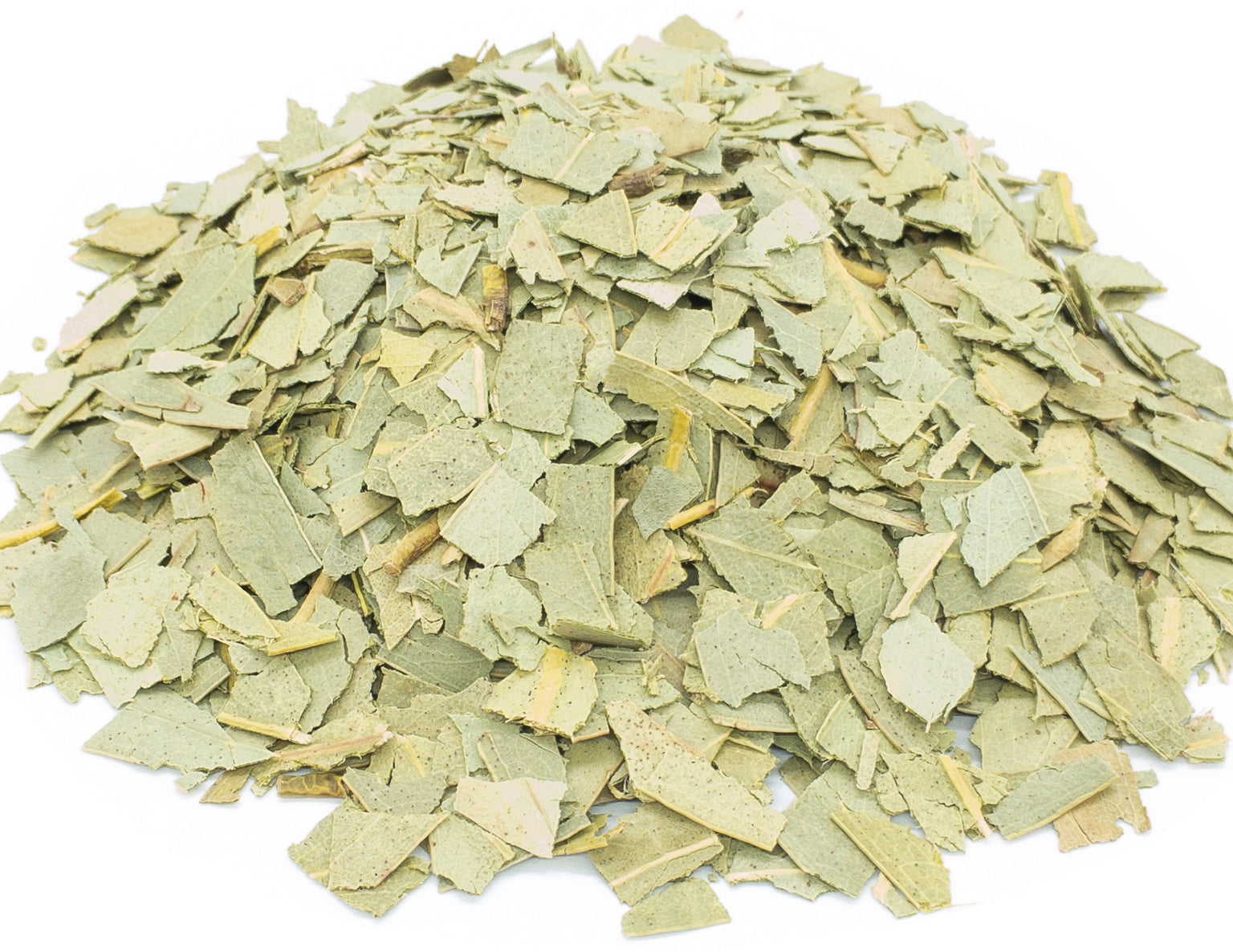 A small pile of dried, cut eucalyptus leaves on a white background
