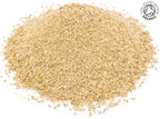 A small pile of dried, cut, organic ginger root rhizome on a white background with the Soil Association Organic Logo in the top right corner