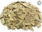 A small pile of dried, cut, organic ginkgo leaves, on a white background with the Soil Association Organic Logo in the top right corner