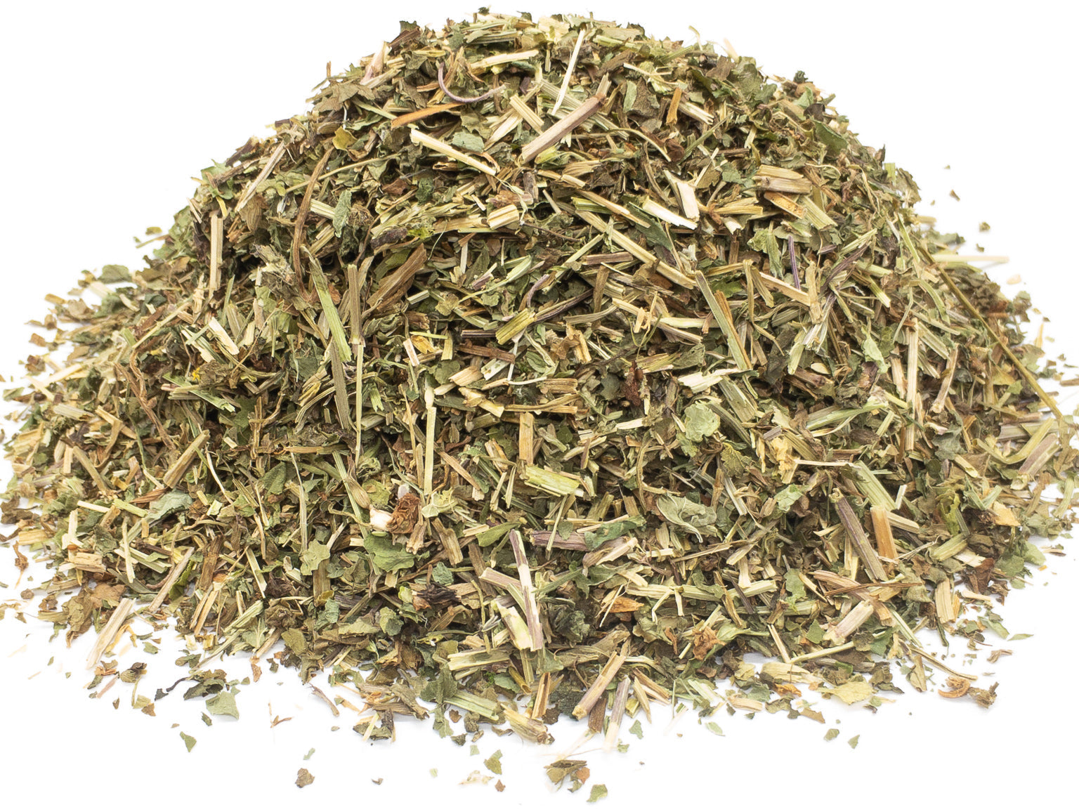 A small pile of dried, cut ground ivy herb, leaf and stem, on a white background