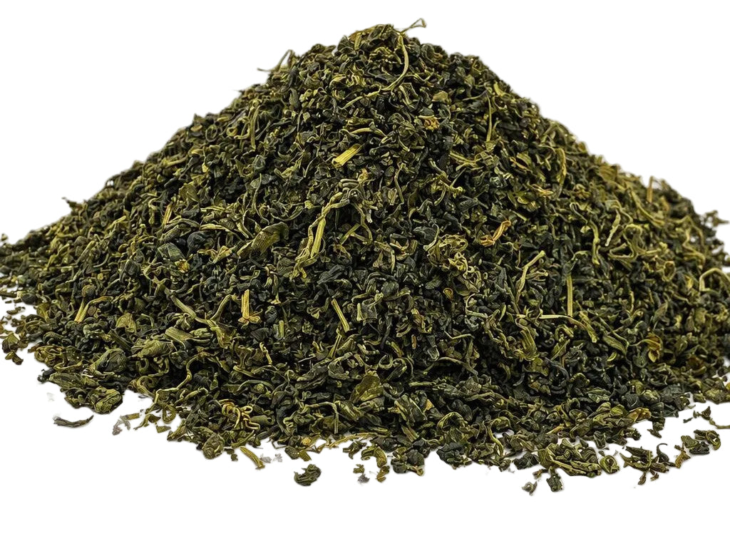 A small pile of cut jiaogulan/gynostemma leaves on a white background