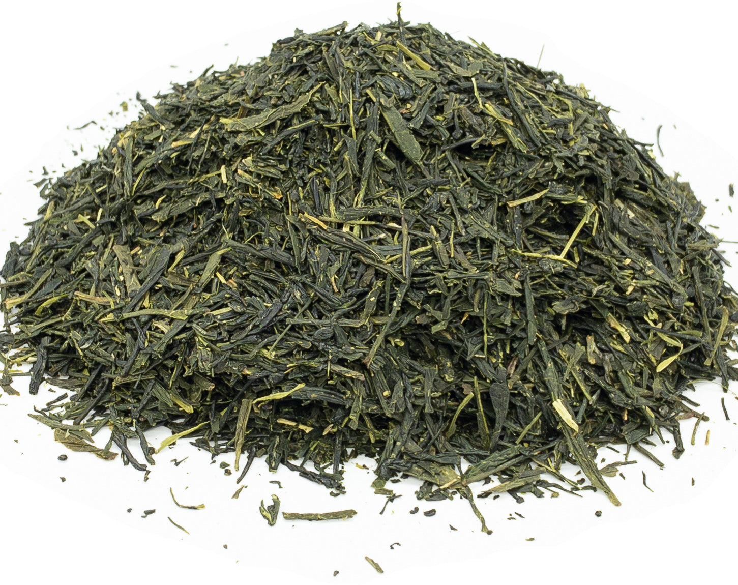 A small pile of dried gyokuro green tea leaves on a white background