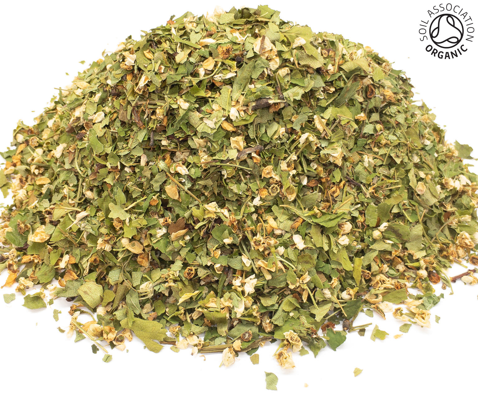 A small pile of dried, cut, organic hawthorn flowering top herb, on a white background with the Soil Association Organic Logo in the top right corner