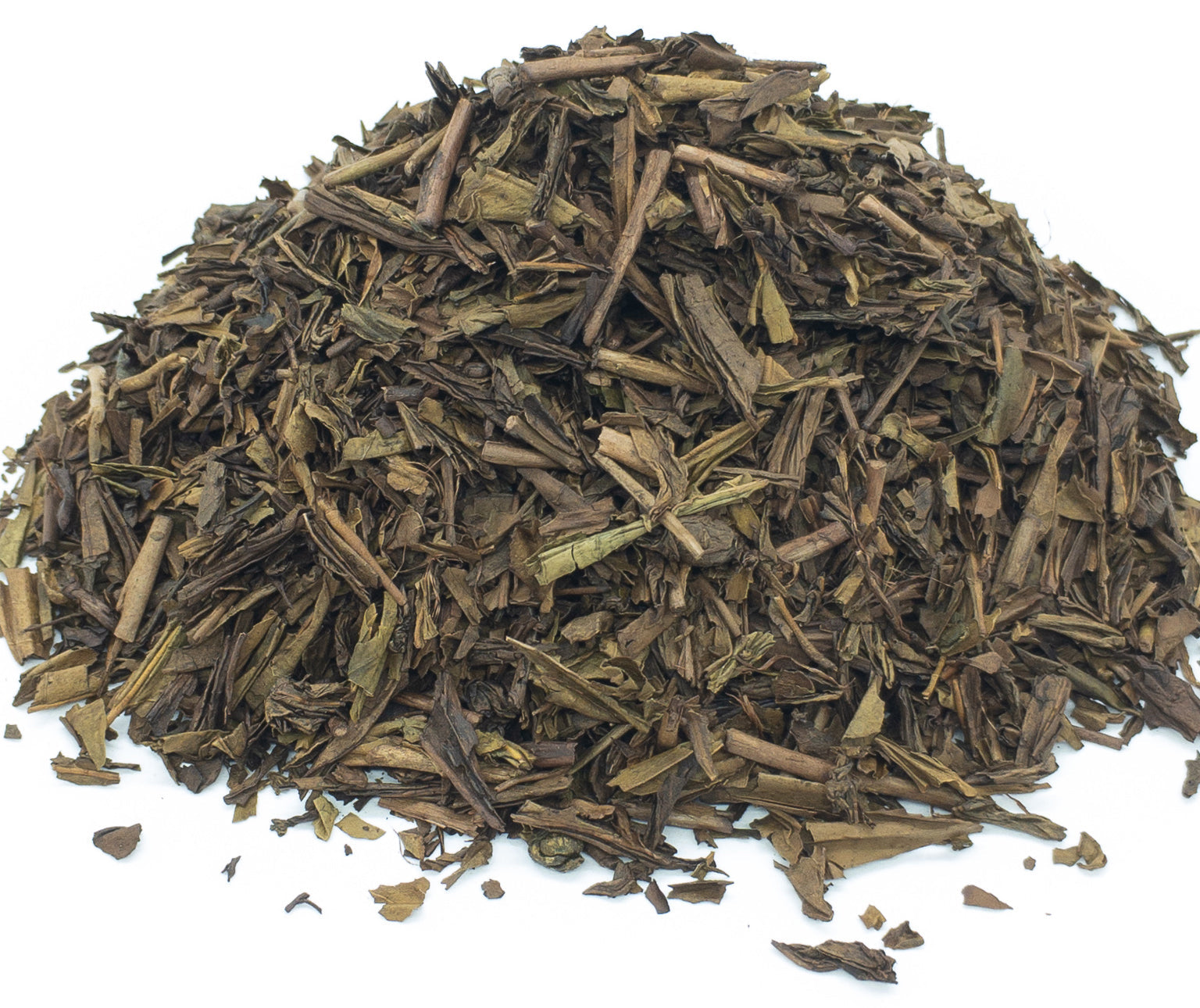 A small pile of roasted, Hojicha Japanese green tea on a white background