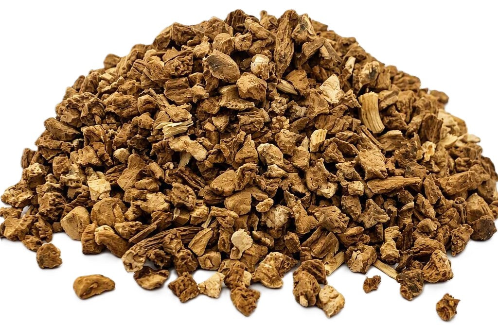 A small pile of indian sarsaparilla (Hemidesmus indicus) root on a white background