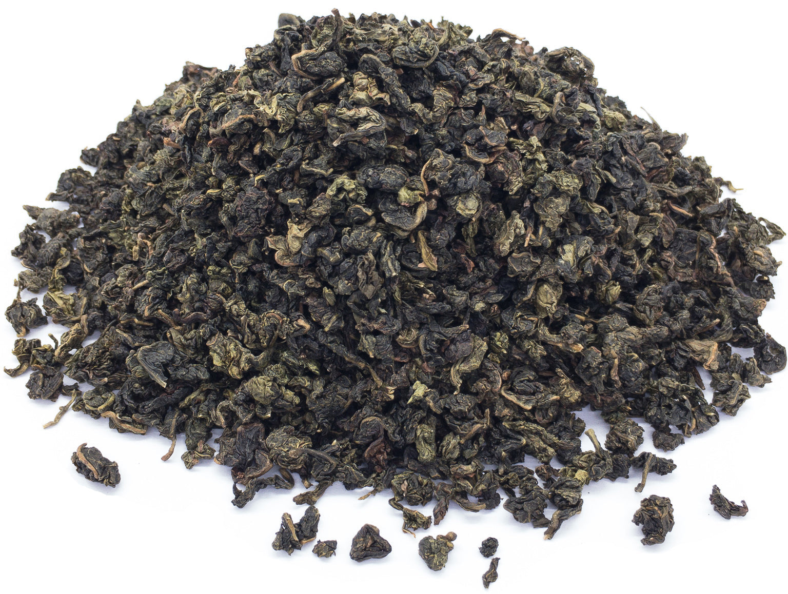 A small pile of dried, tie guan yin oolong tea leaves on a white background