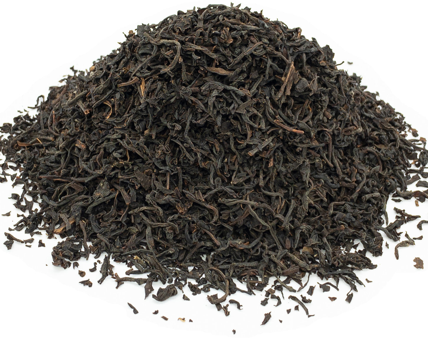 A small pile of dried, java black tea leaves from the Santosa tea estate, on a white background