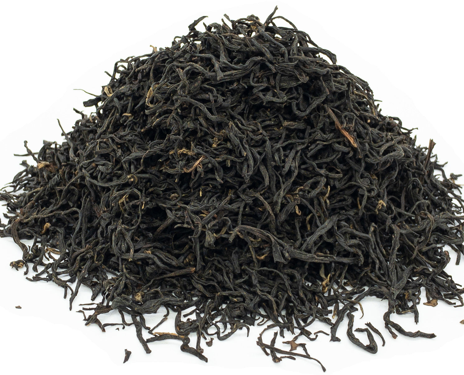 A small pile of dried, Keemun Mao Feng black tea leaves on a white background
