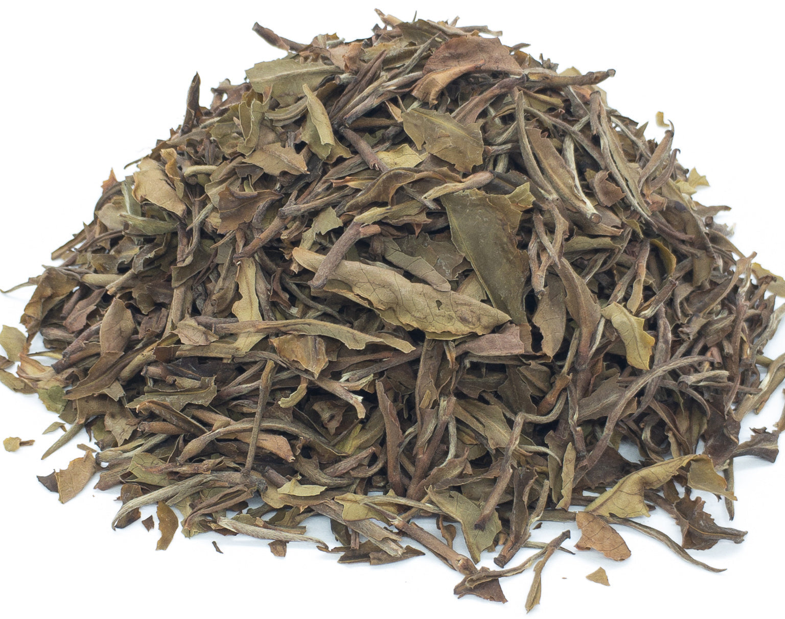 A small pile of Kenyan Sencha green tea leaves on a white background