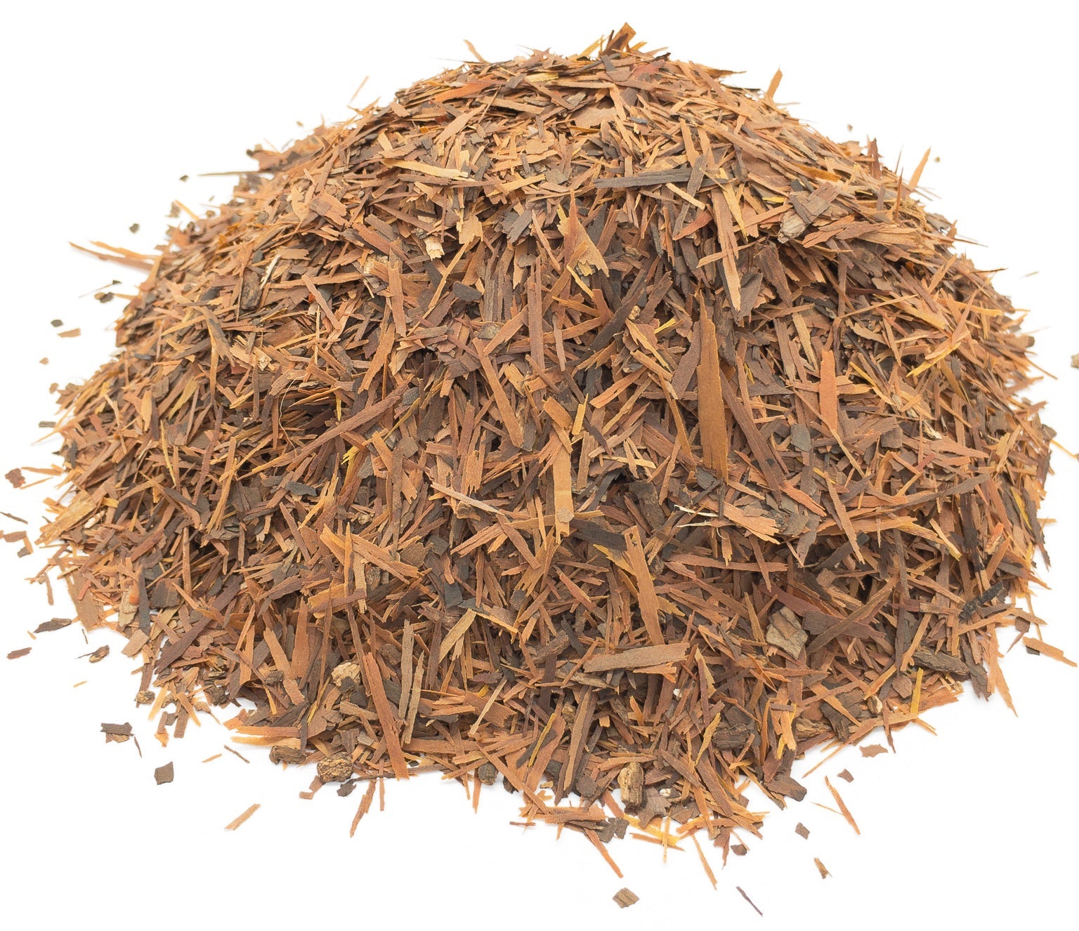 A small pile of brown cut lapacho (pau d'arco) bark on a white background