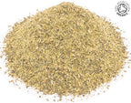 A small pile of dried, cut, organic liquorice root on a white background with the Soil Association Organic Logo in the top right corner