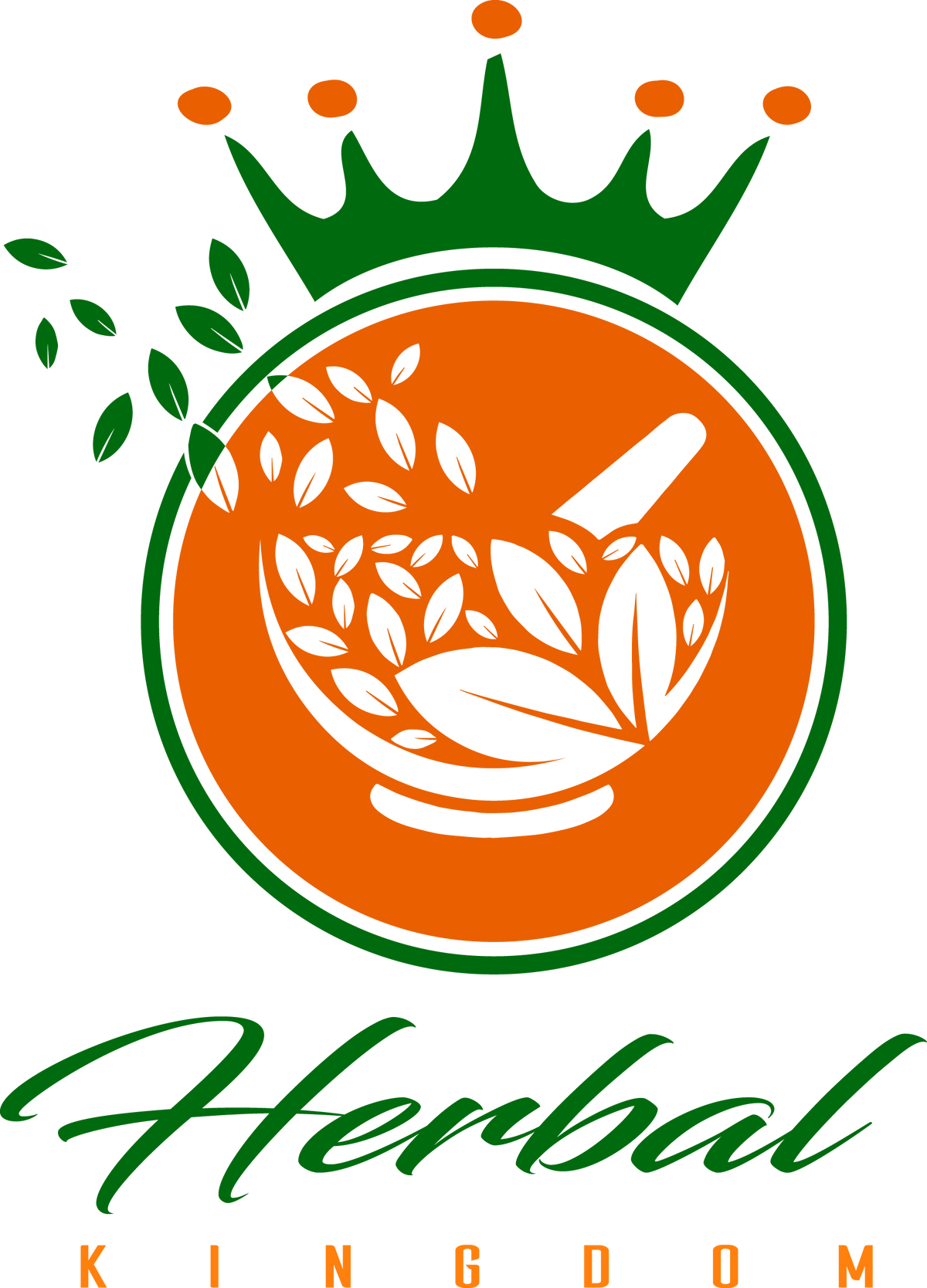 Brand logo of Herbal Kingdom showing an orange circle with a green outline, a green crown on top, inside the orange circle  is an image of a pestle and mortar with leaves inside and leaves falling into it. With the words "Herbal Kingdom" underneath