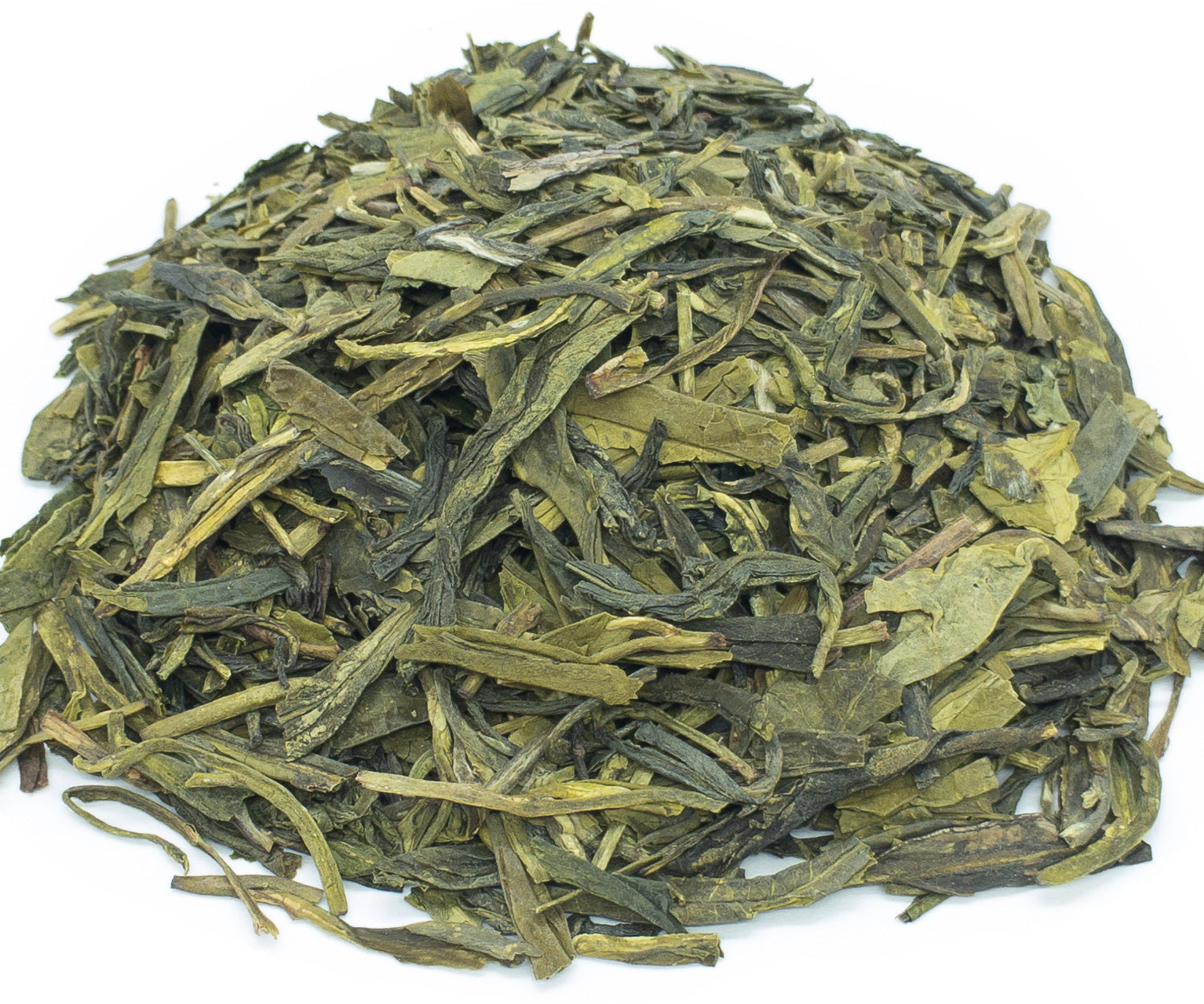 A small pile of long jing green tea leaves on a white background