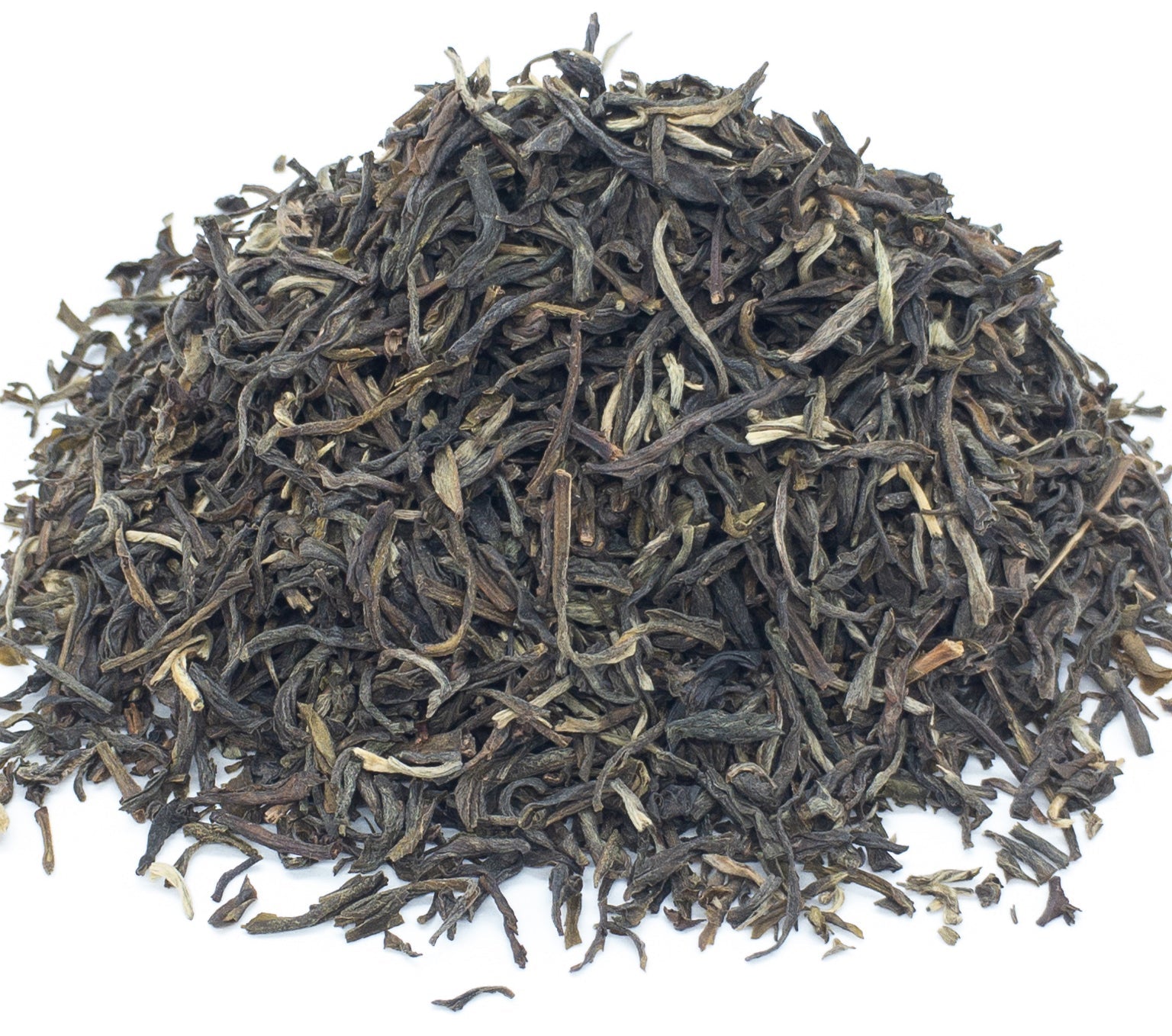A small pile of dried mao jian green tea leaves on a white background