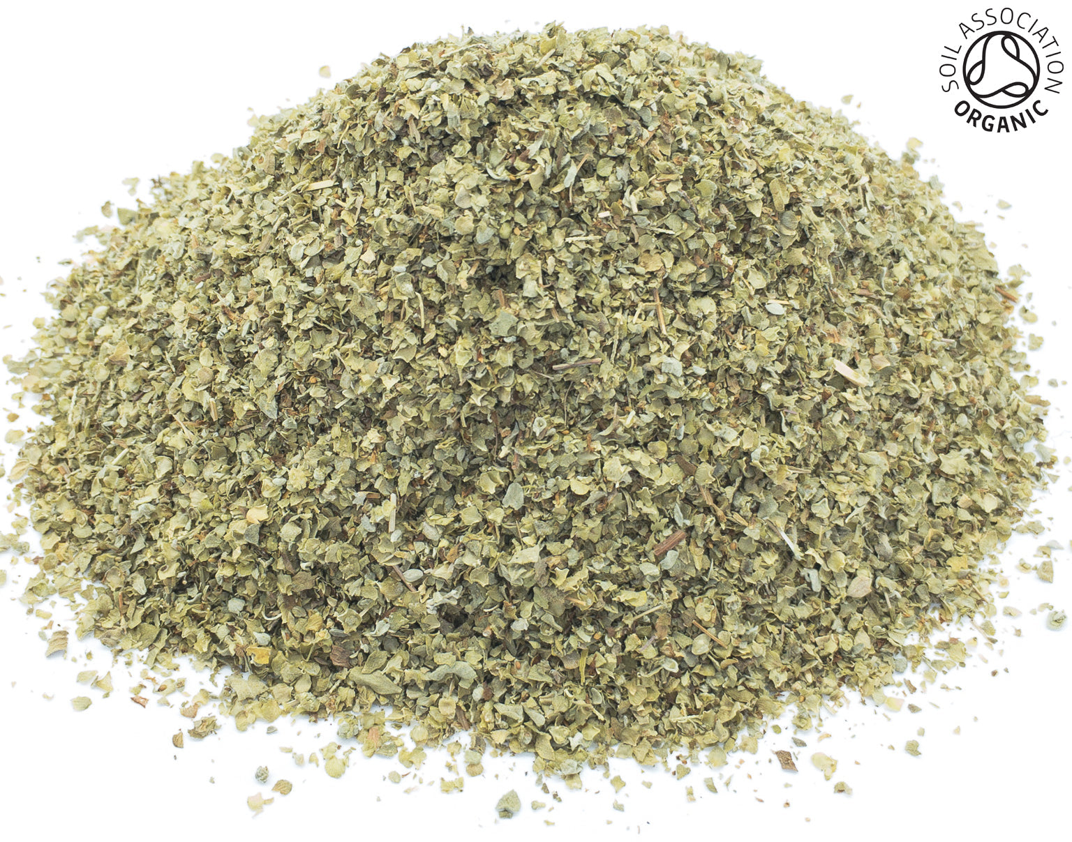 A small pile of dried, cut, organic marjoram leaf on a white background with the Soil Association Organic Logo in the top right corner