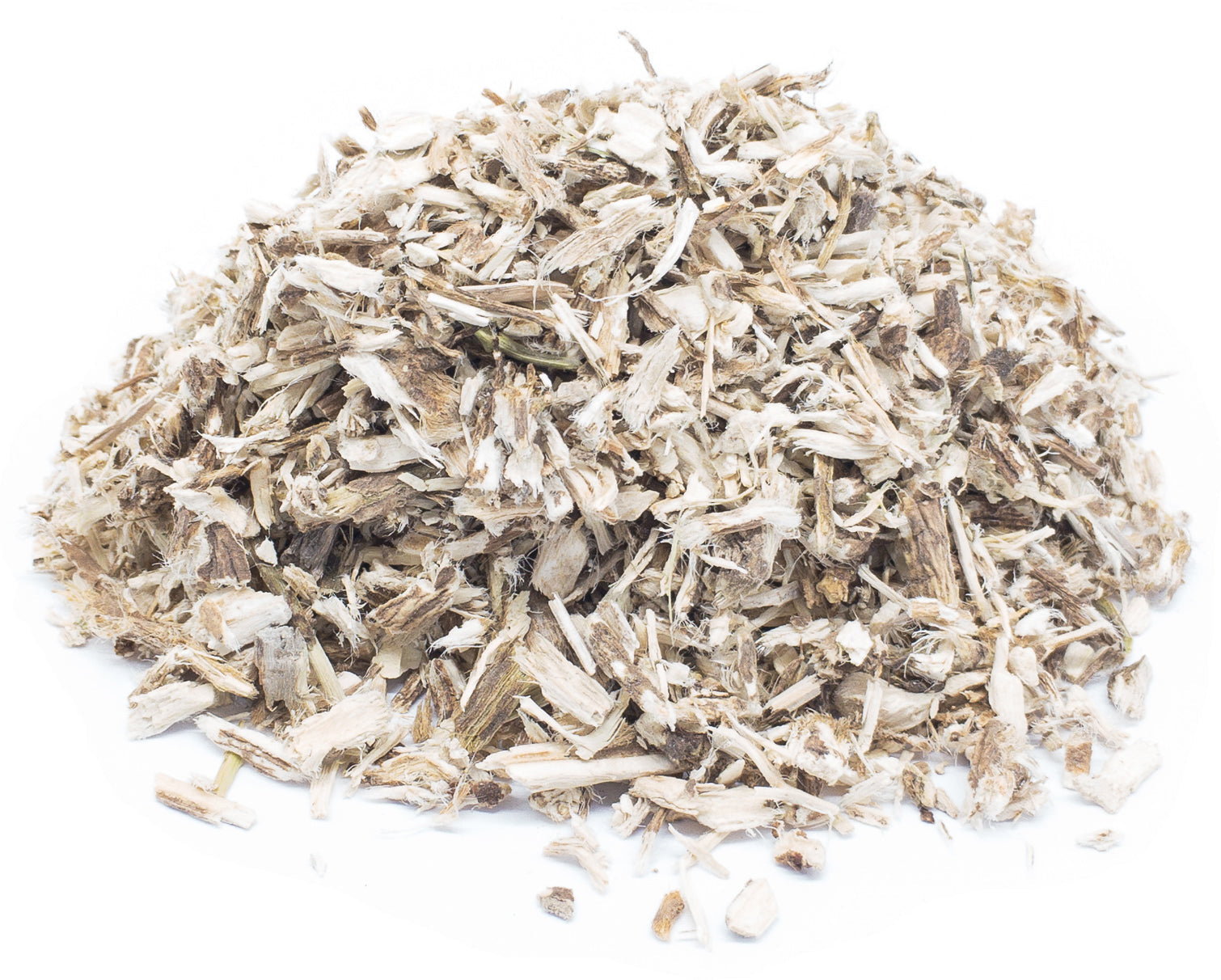 A small pile of dried, cut marshmallow root on a white background