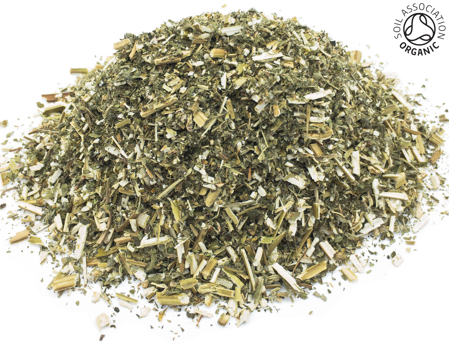 A small pile of dried, cut, organic motherwort herb, leaf and stem, on a white background with the Soil Association Organic Logo in the top right corner
