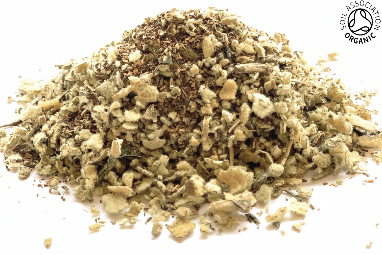 A small pile of organic mullein leaf and honeybush blend herbal infusion on a white background with the Soil Association organic logo in the top right hand corner