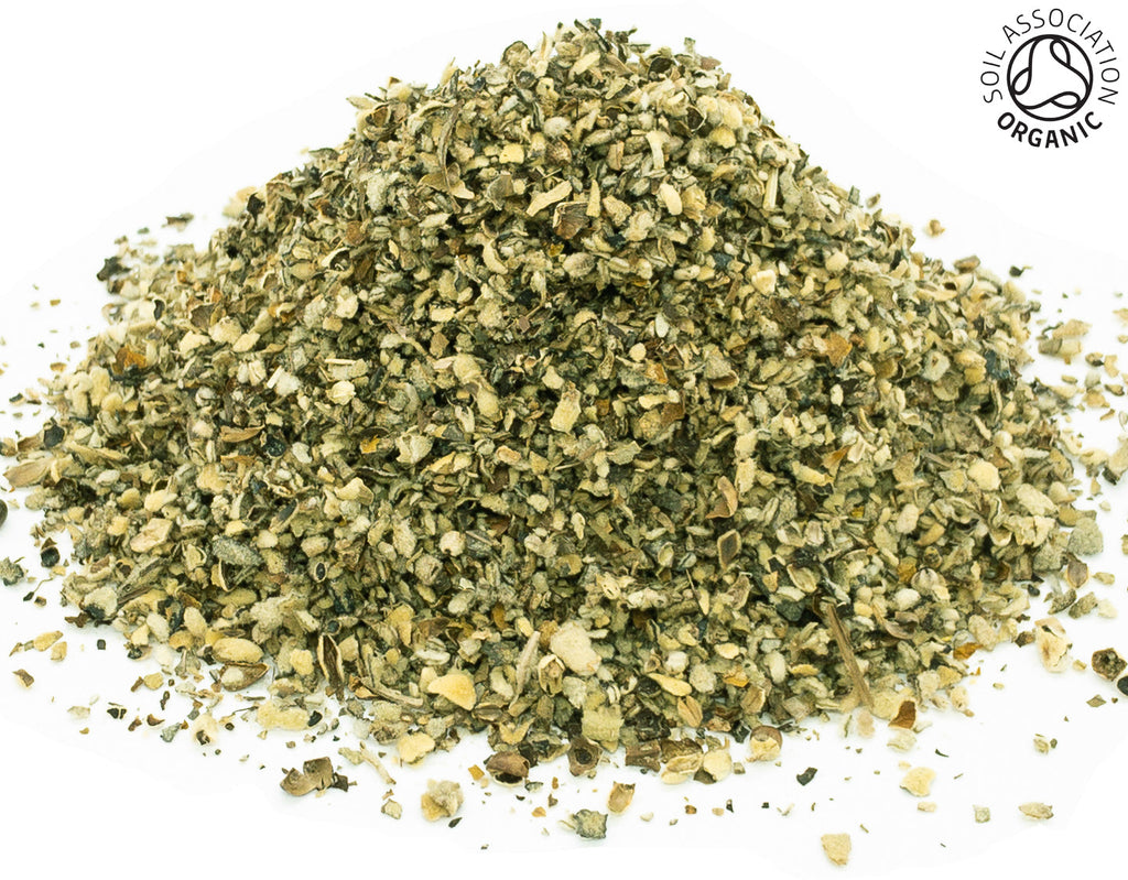 A small pile of dried, cut, organic mullein leaves on a white background with the Soil Association Organic Logo in the top right corner
