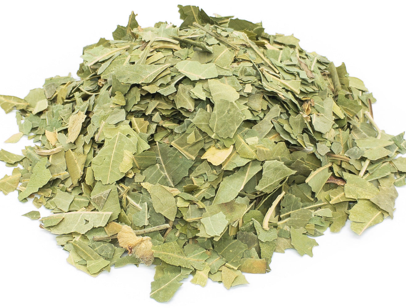 A small pile of dried, cut, green neem leaves on a white background