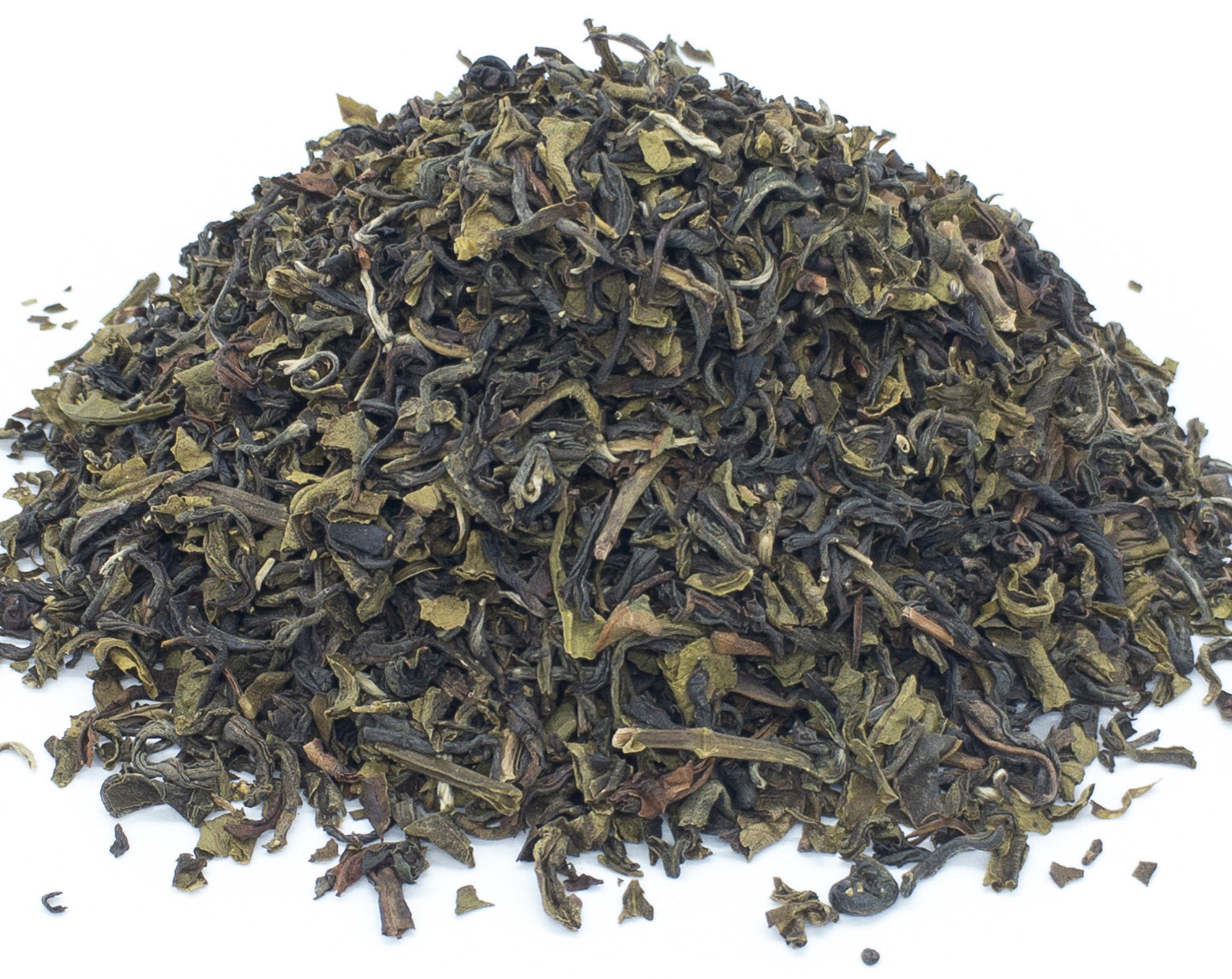 A small pile of nepali junchi green tea leaves, dried, on a white background